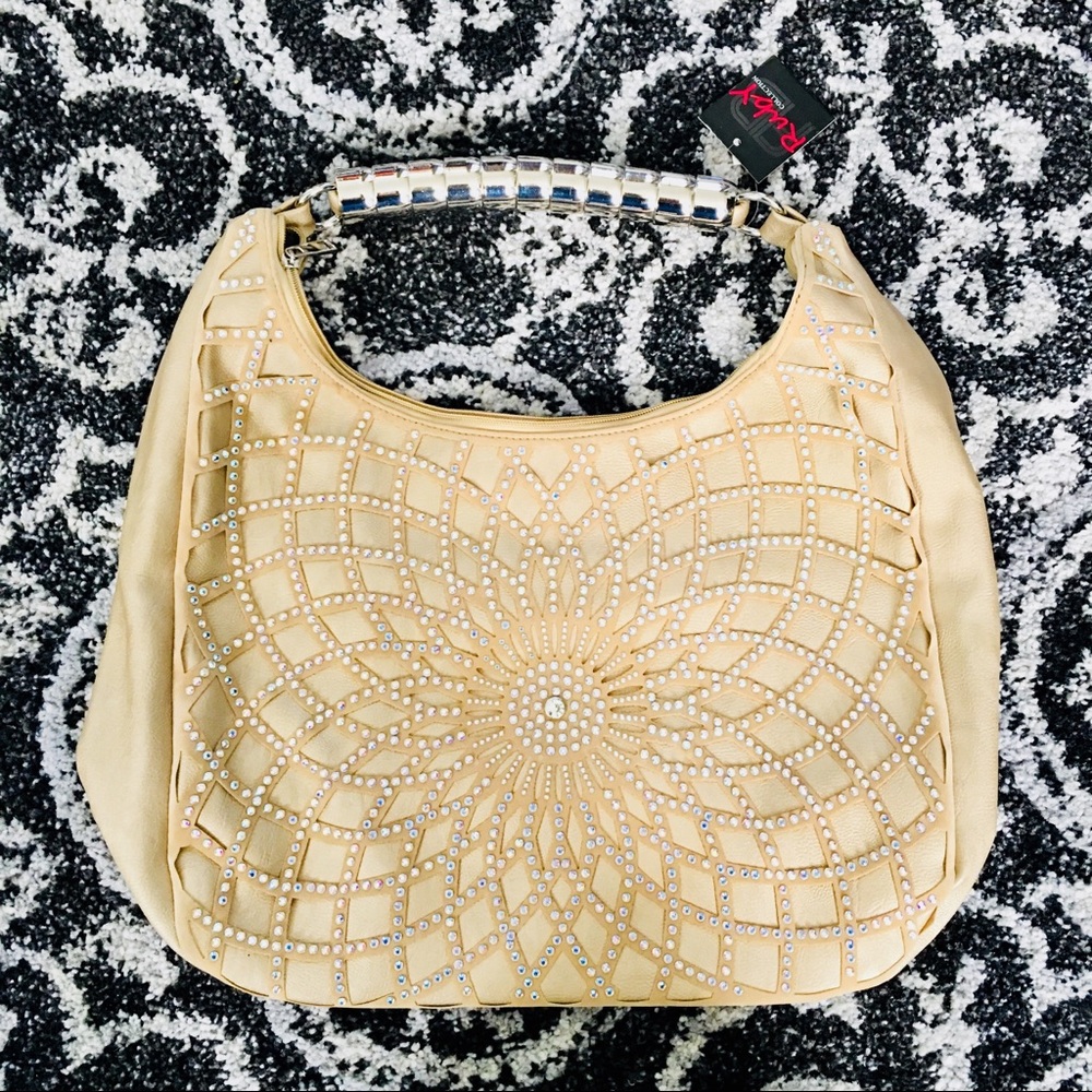 NWT Boutique rhinestone flower purse bag tan NEW
